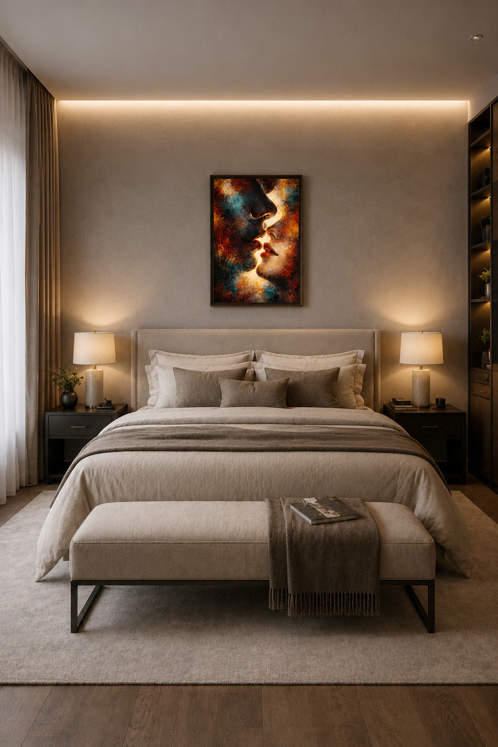 Elegant neutral bedroom with soft lighting and an abstract faces wall poster centered above the bed, adding warm copper and deep blue accents.