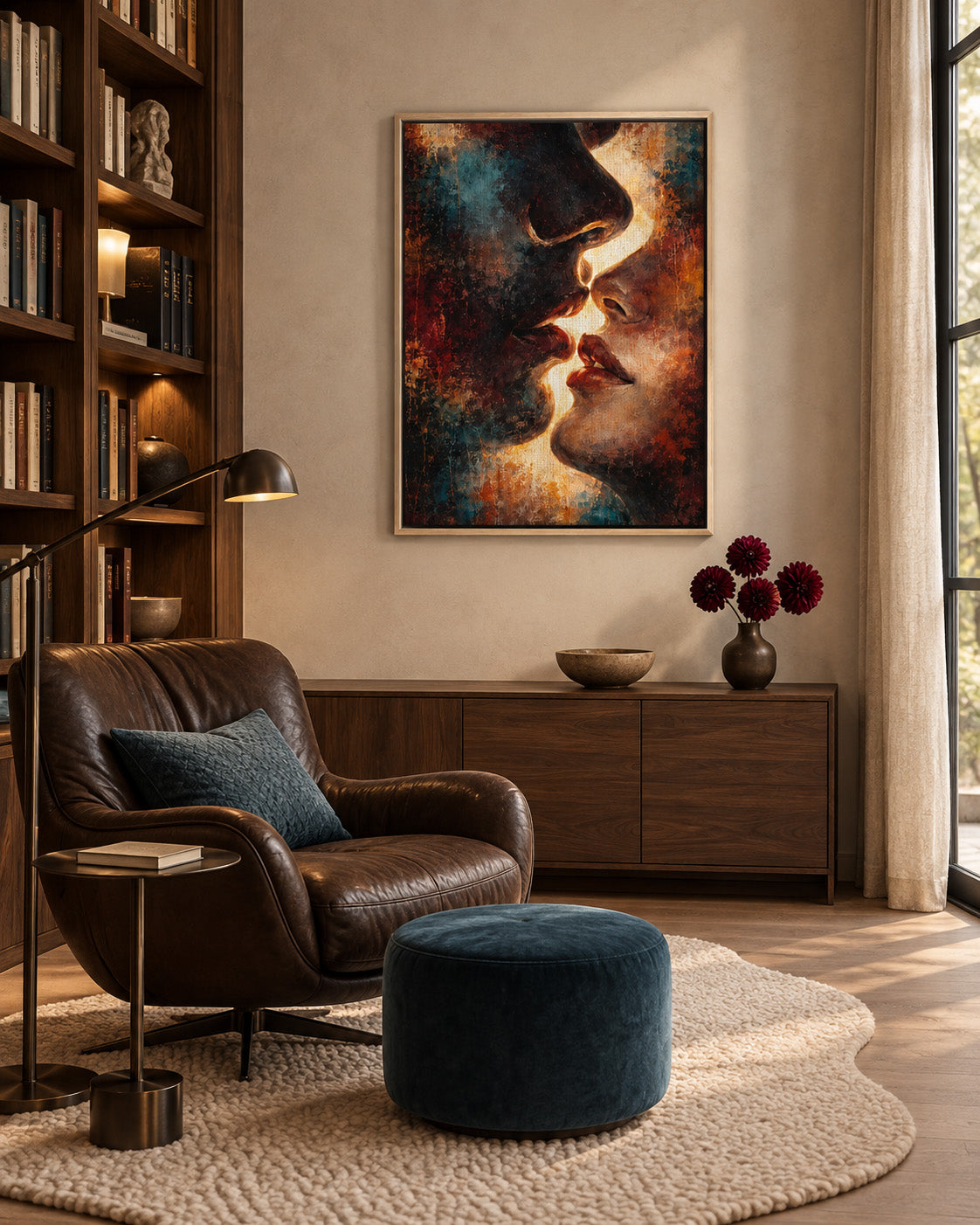 Between Shadow & Gold abstract portrait framed canvas displayed in a dark modern lounge