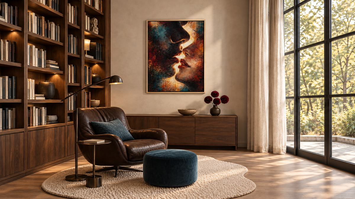 Framed canvas depicting two faces almost kissing in teal, rust and gold tones, displayed in a reading lounge with walnut bookshelves and a brown leather chair.