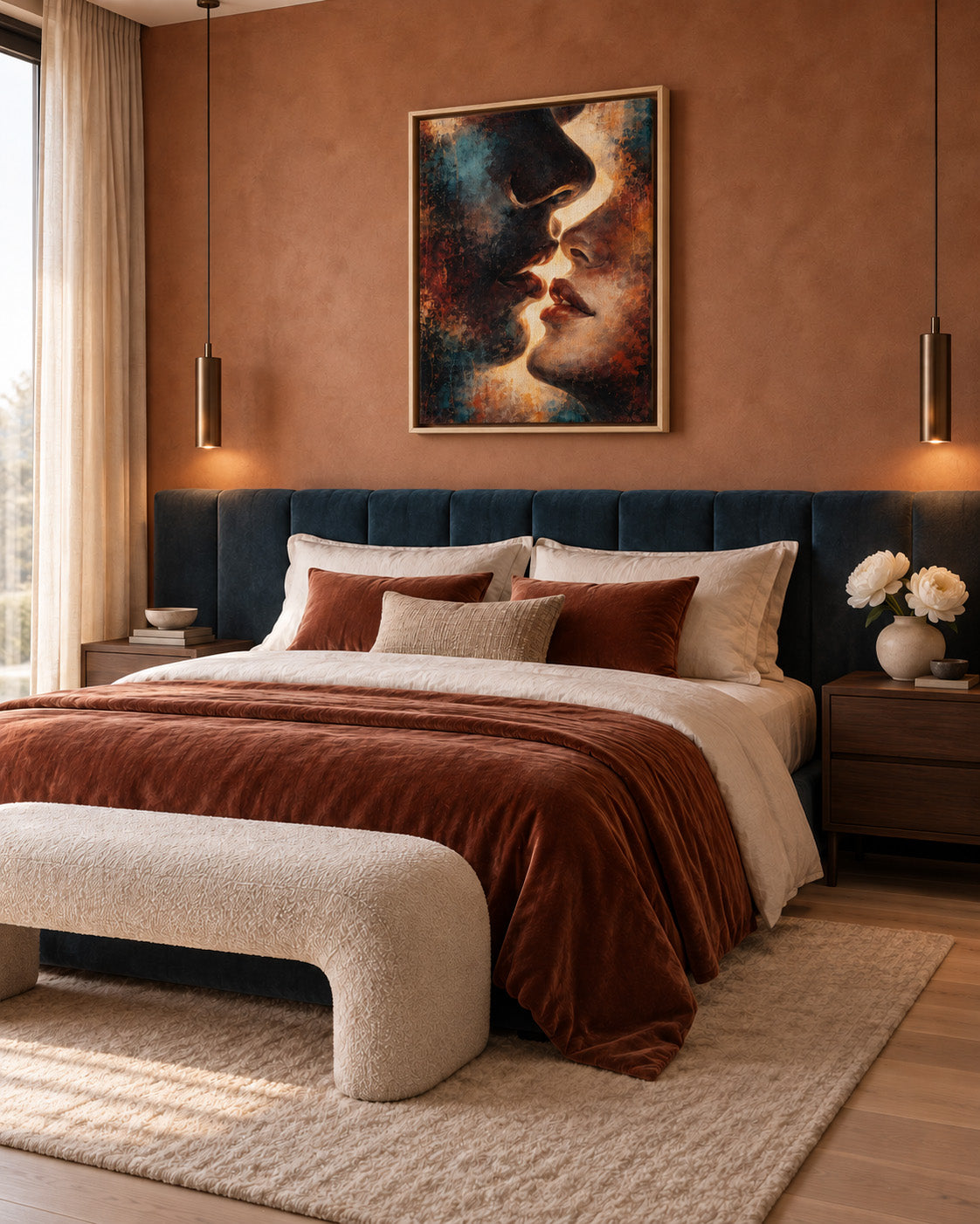 Between Shadow & Gold abstract portrait framed canvas displayed above a bed in a warm modern bedroom