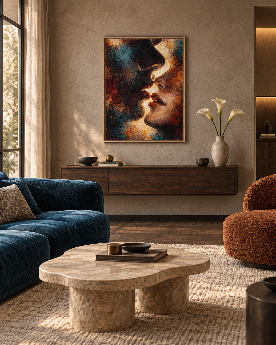 Between Shadow & Gold abstract portrait framed canvas displayed above a sideboard in a warm modern living room