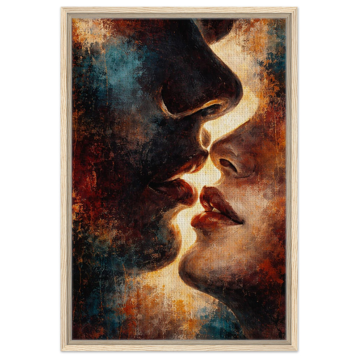 Between Shadow & Gold modern abstract faces framed canvas in a natural wood frame
