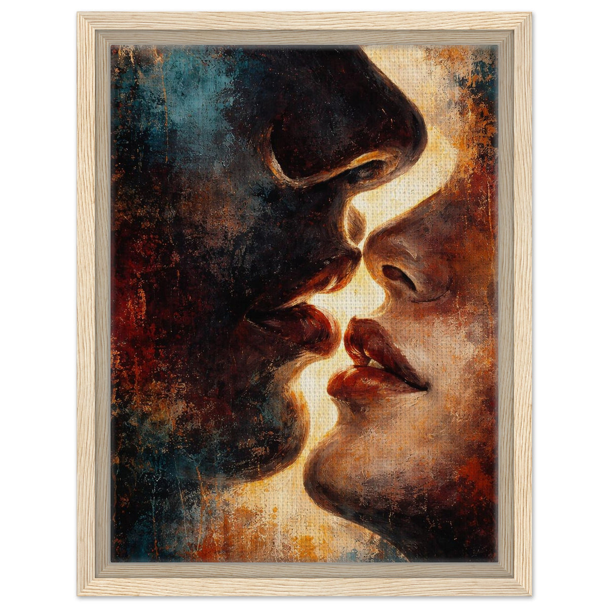 Between Shadow & Gold romantic abstract portrait framed canvas in a natural wood frame