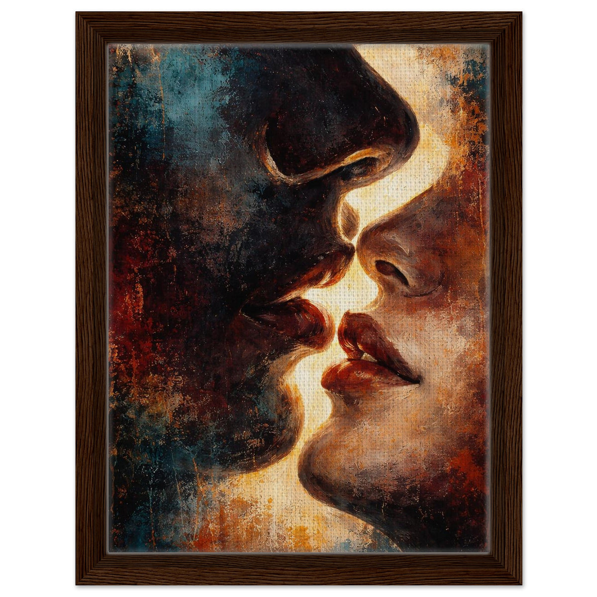 Between Shadow & Gold teal, rust and gold abstract portrait framed canvas in a natural wood frame