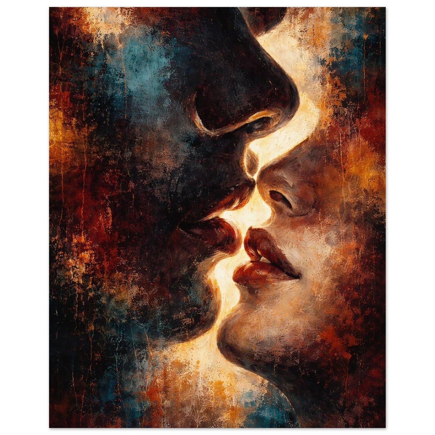 Close view of the Between Shadow and Gold artwork with the darker profile emerging from deep blue shadow beside the softly lit face.