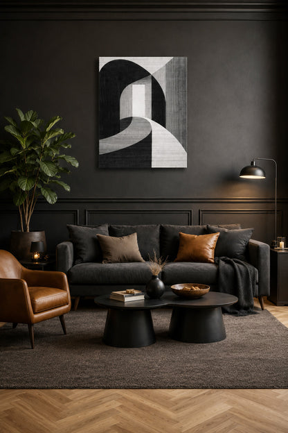 Minimalist black abstract canvas wall art in a dark modern living room with leather chair and charcoal walls