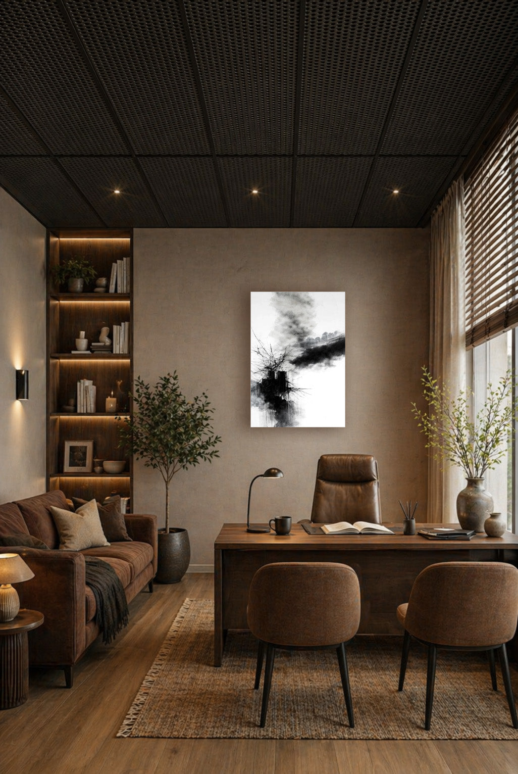Minimalist black and white abstract wall art featured in a stylish home office with wooden accents, cozy seating, and natural light.
