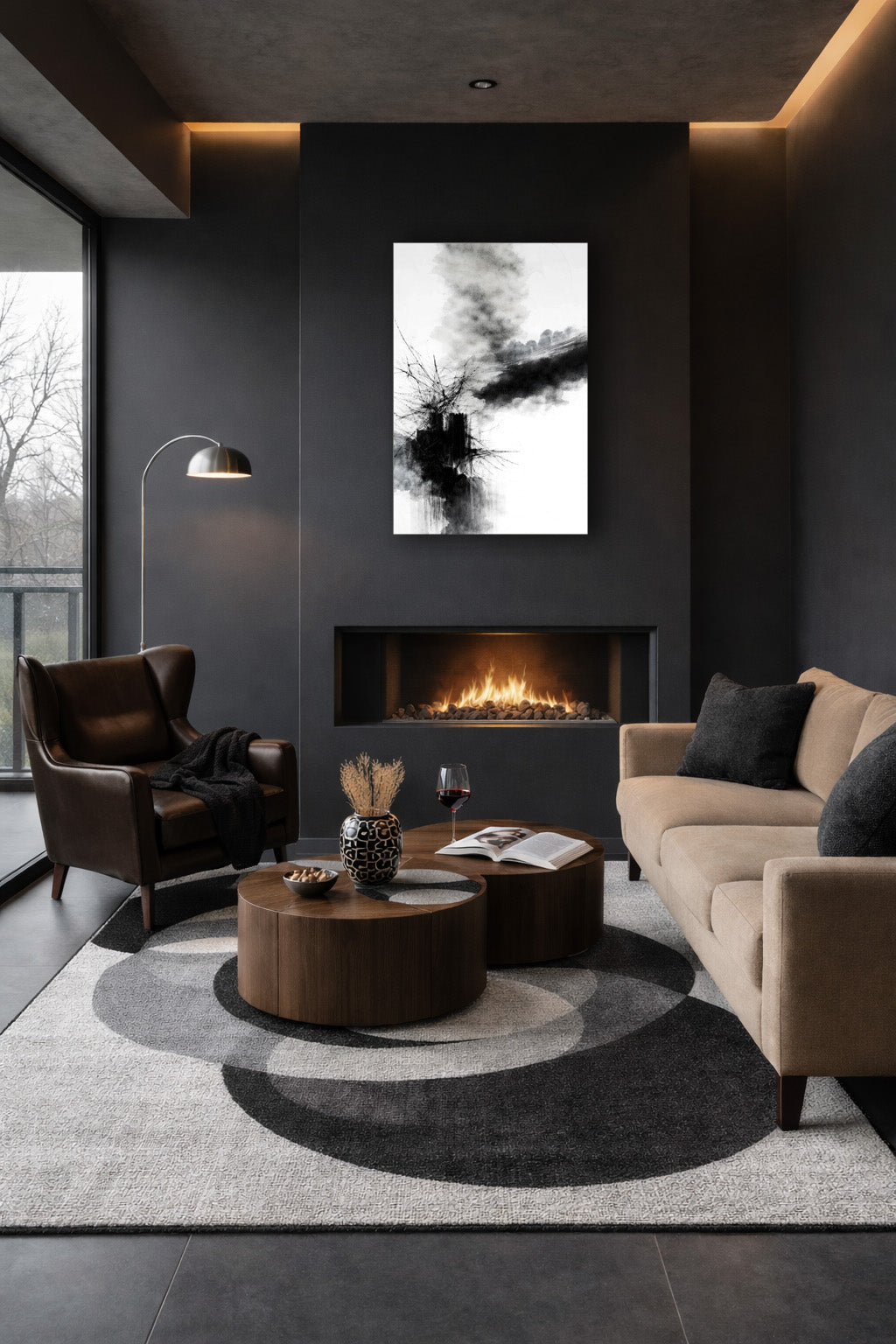 Black and white abstract canvas displayed above a fireplace in a modern lounge with dark walls, soft lighting, and contemporary furniture.