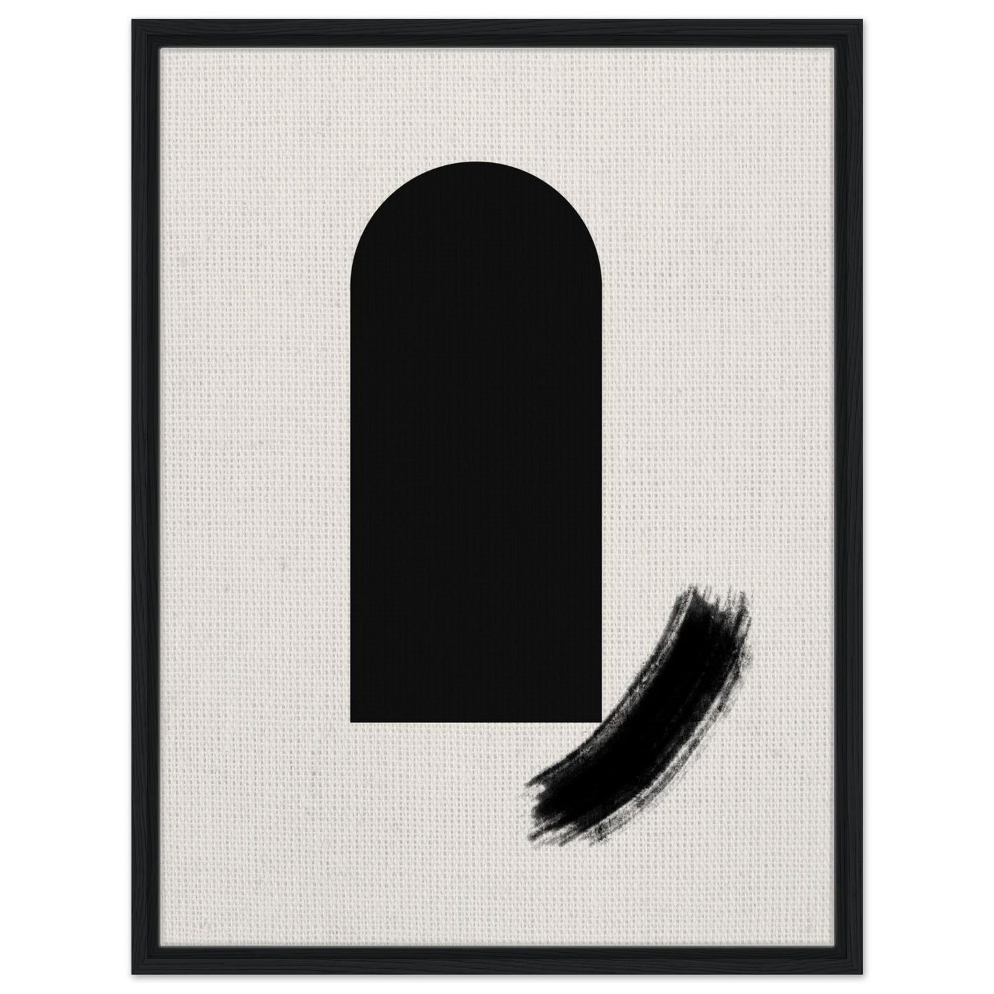 Black arch abstract wall art with expressive ink brushstroke on a warm neutral background