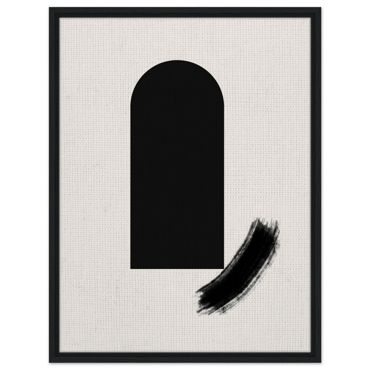 Black arch abstract wall art with expressive ink brushstroke on a warm neutral background