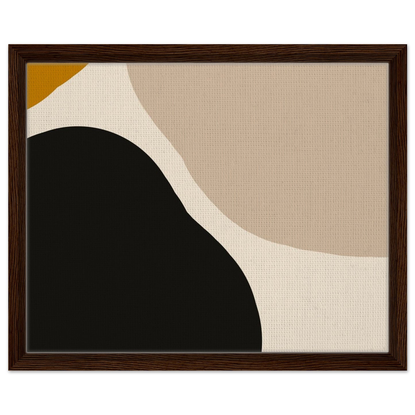 Black and beige abstract canvas wall art with brown floating frame