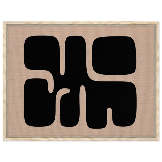 Black and beige abstract framed canvas wall art with organic geometric shapes