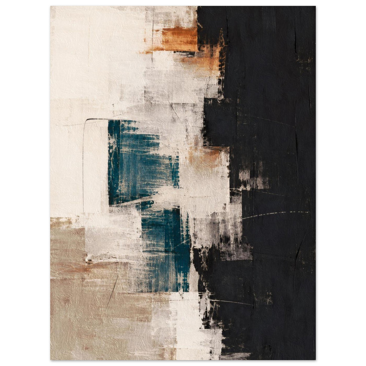 Abstract poster with teal brushstrokes across cream and beige areas beside a broad vertical section of black.