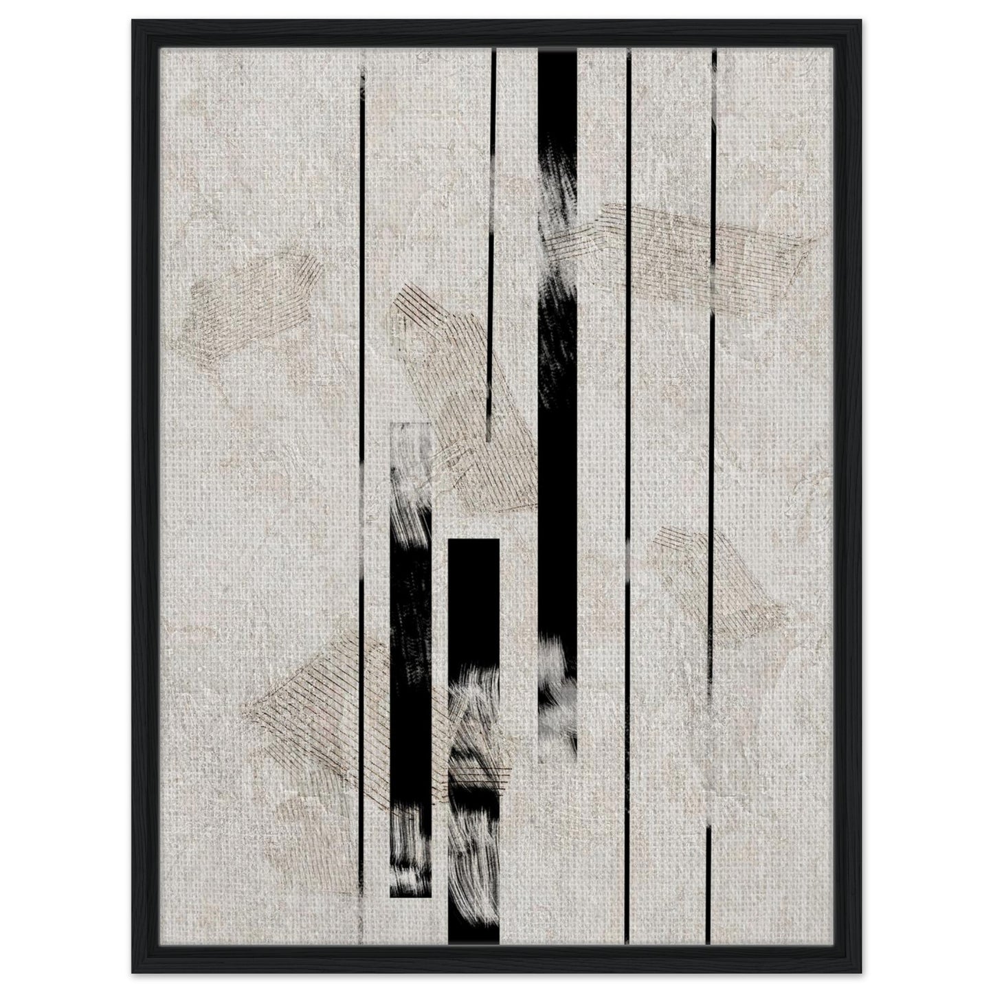 Black and beige geometric abstract artwork with vertical lines in a black frame