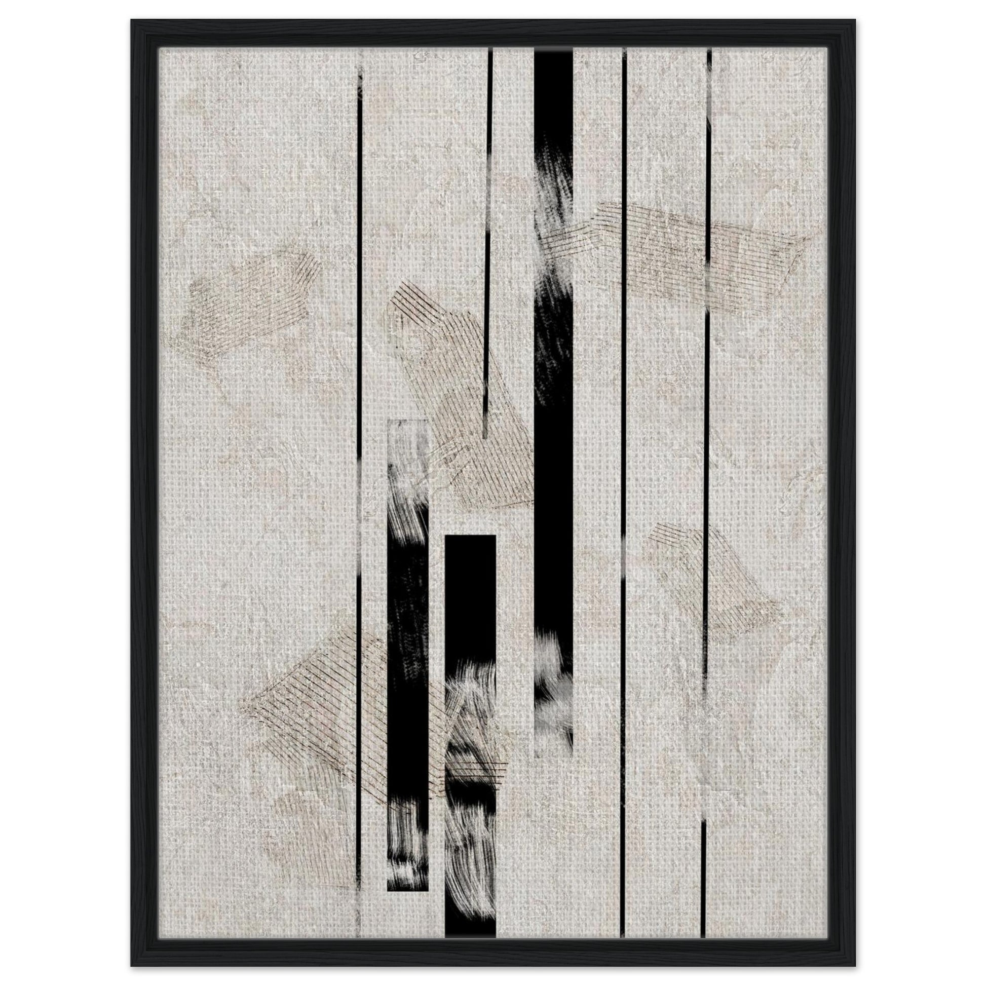 Black and beige geometric abstract artwork with vertical lines in a black frame