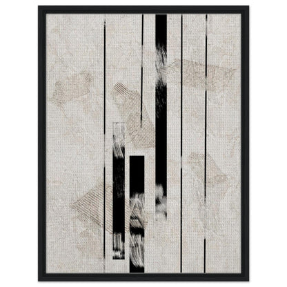 Black and beige geometric abstract artwork with vertical lines in a black frame
