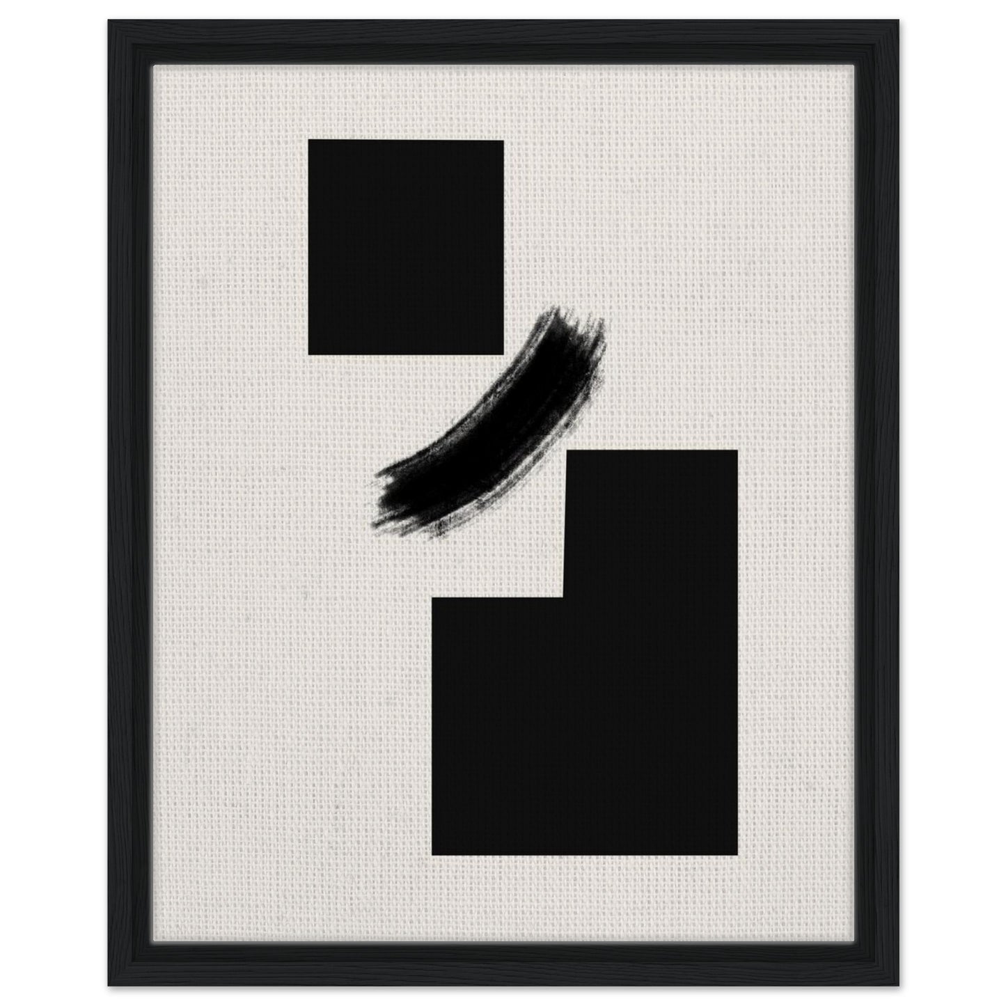 Black brushstroke and geometric shapes artwork presented in a black frame