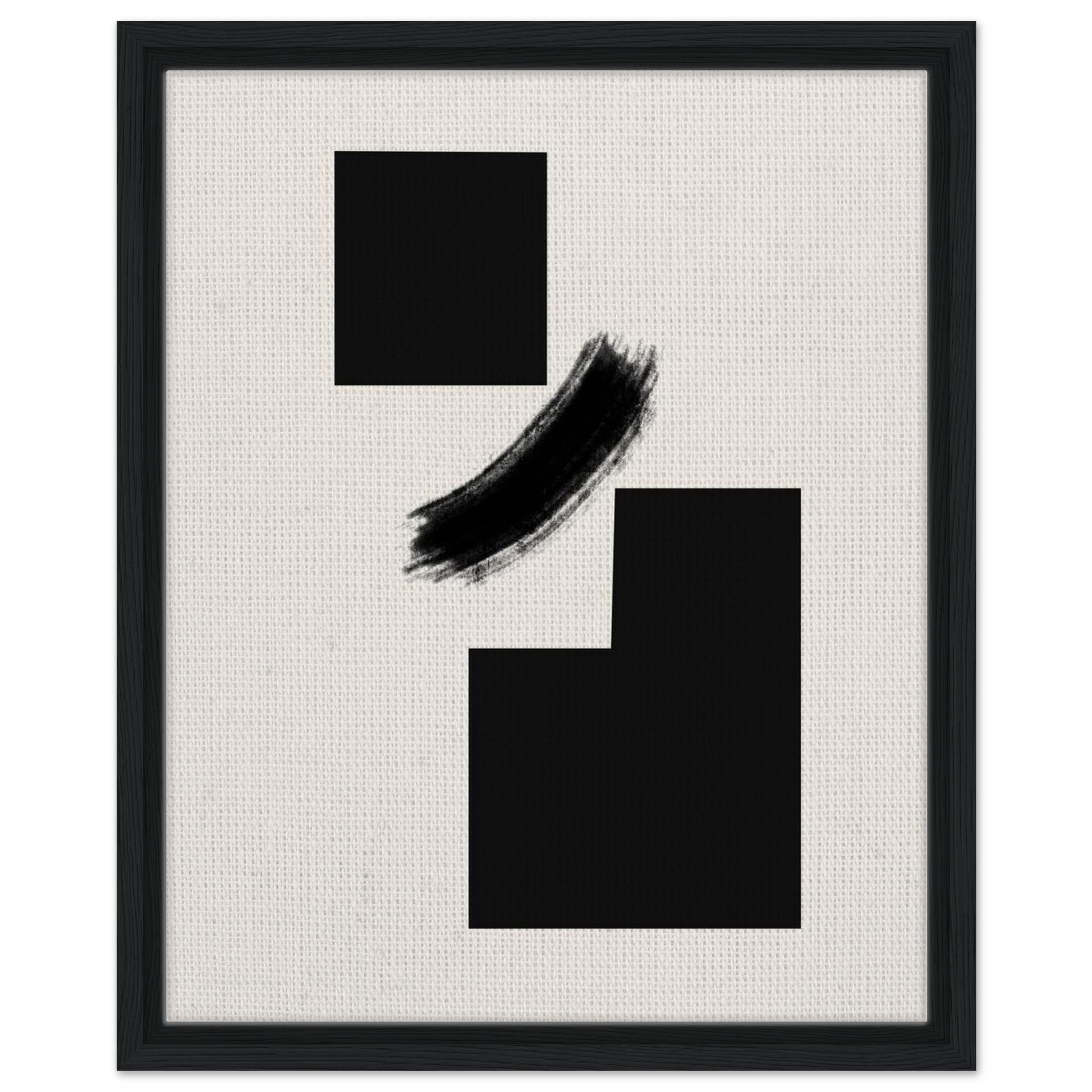 Black brushstroke and geometric shapes artwork presented in a black frame