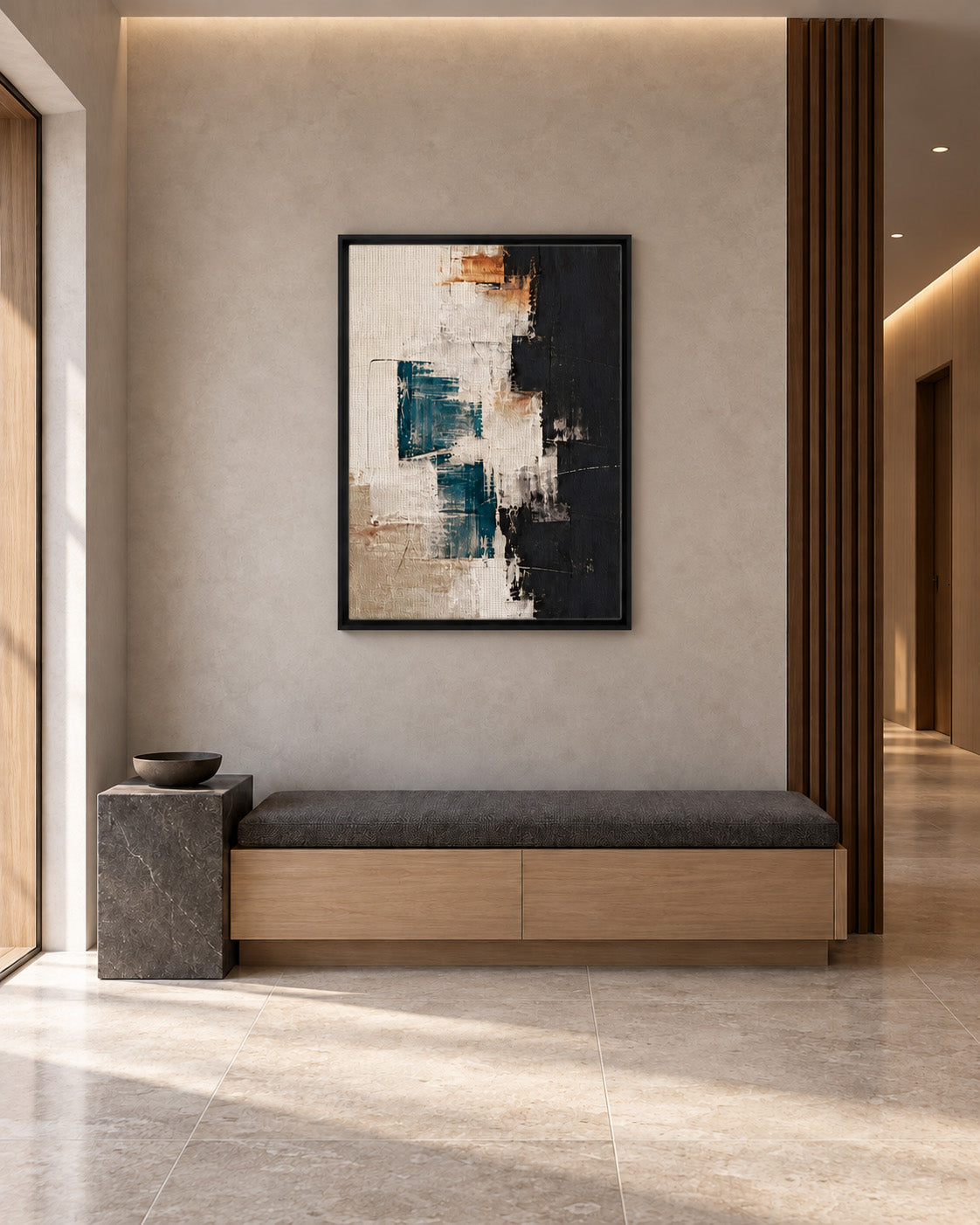 Black-framed teal and cream abstract canvas above a cushioned wooden bench in a neutral hallway.