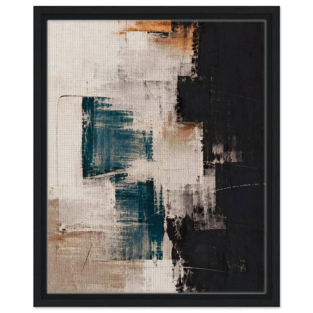 Black-framed abstract canvas featuring teal shapes, cream brushstrokes and a large black section on the right.