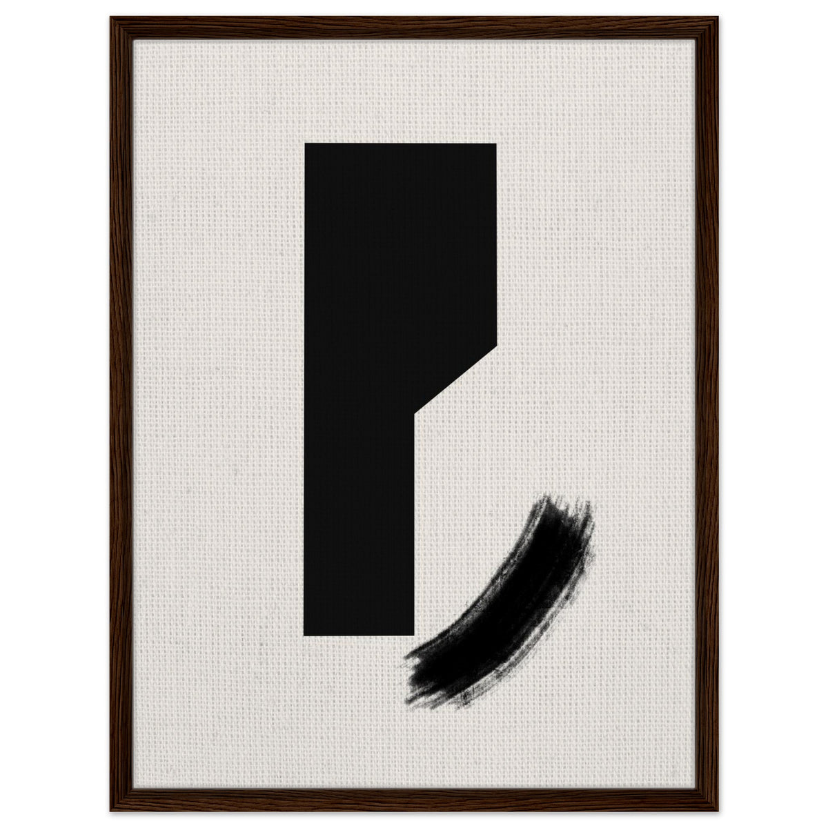 Black geometric artwork with expressive curved brushstroke in dark wood frame