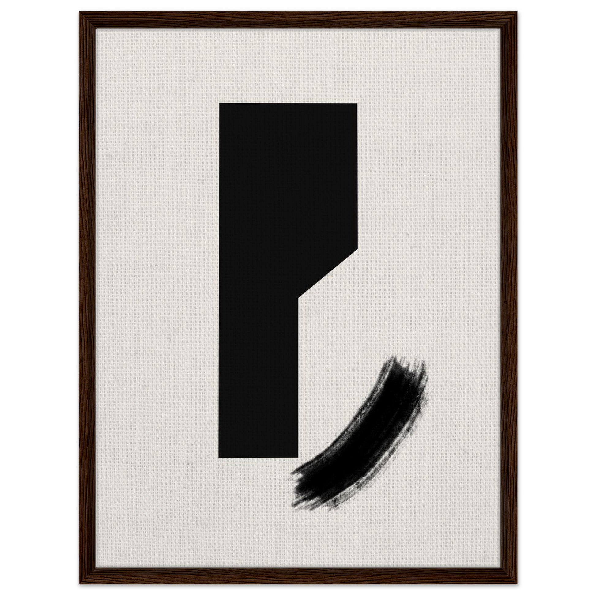 Black geometric artwork with expressive curved brushstroke in dark wood frame