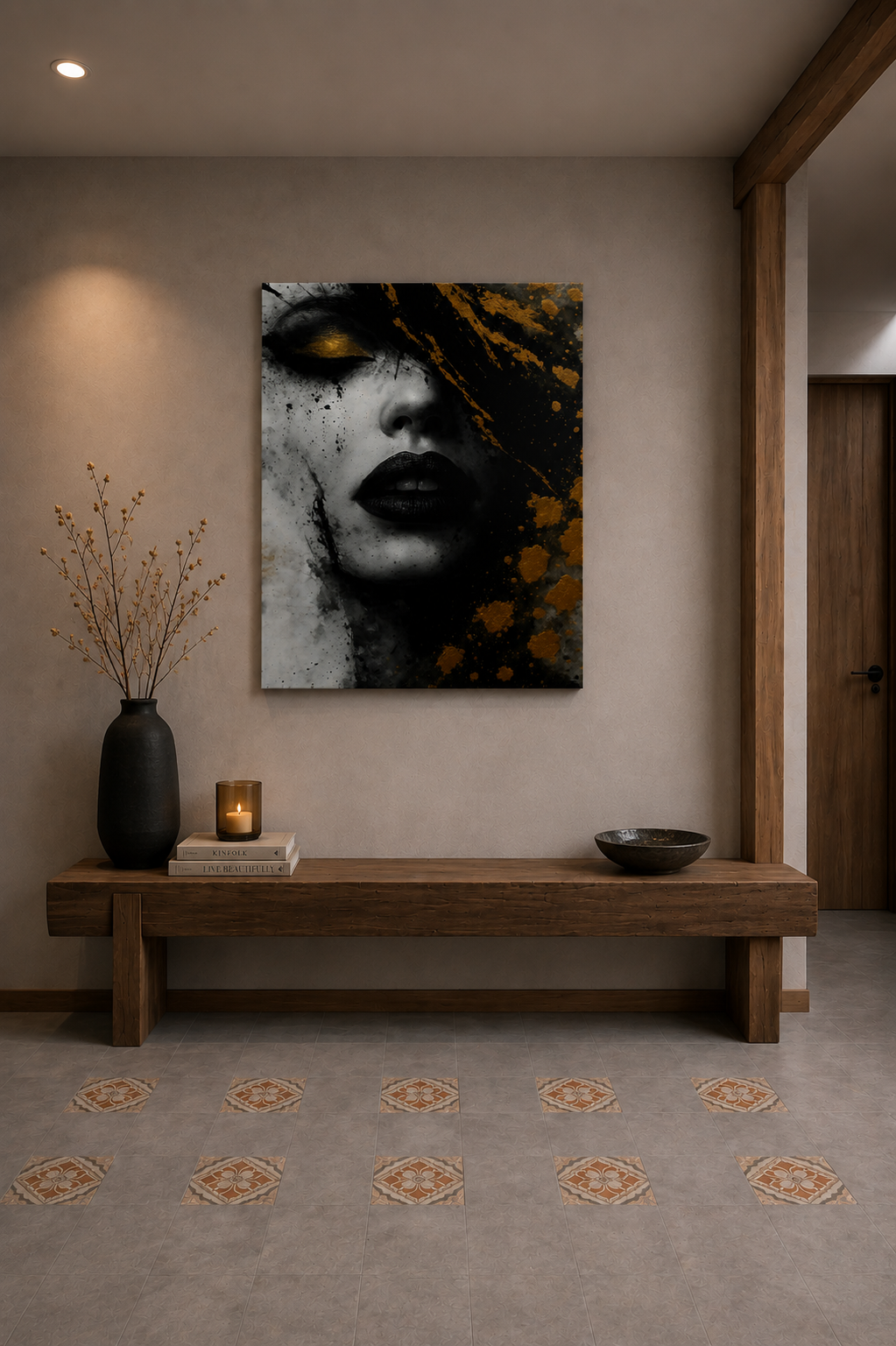 Black and gold portrait wall art hanging above a wooden console table in a minimalist entryway with warm ambient lighting and decorative accents.