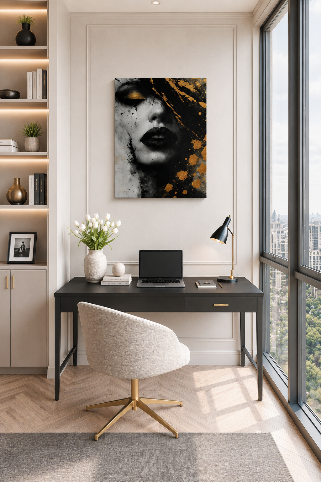 Black and gold portrait canvas displayed above a modern desk in a bright home office with floor-to-ceiling windows and minimalist decor.