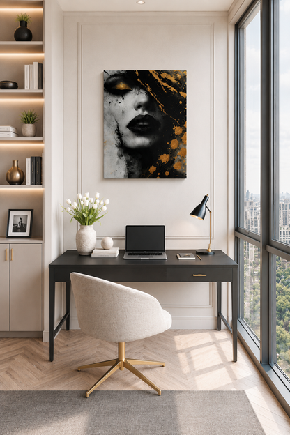 Black and gold portrait canvas displayed above a modern desk in a bright home office with floor-to-ceiling windows and minimalist decor.