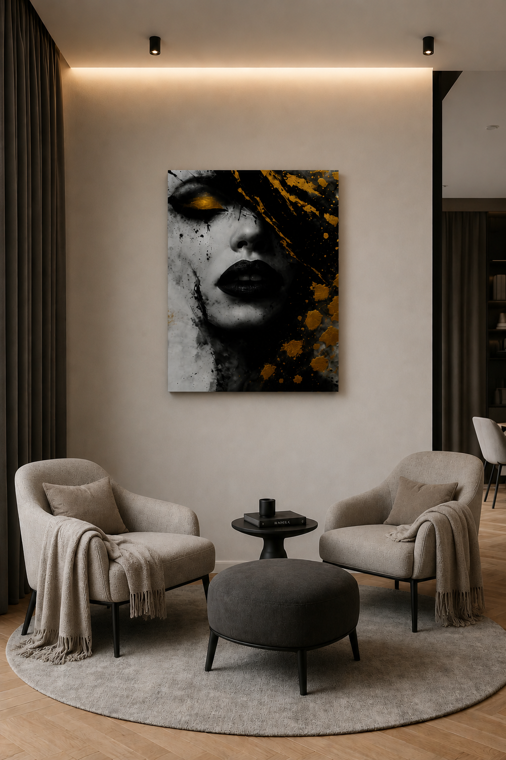 Black and gold portrait canvas displayed in a sophisticated lounge corner with upholstered armchairs, soft lighting, and contemporary decor.