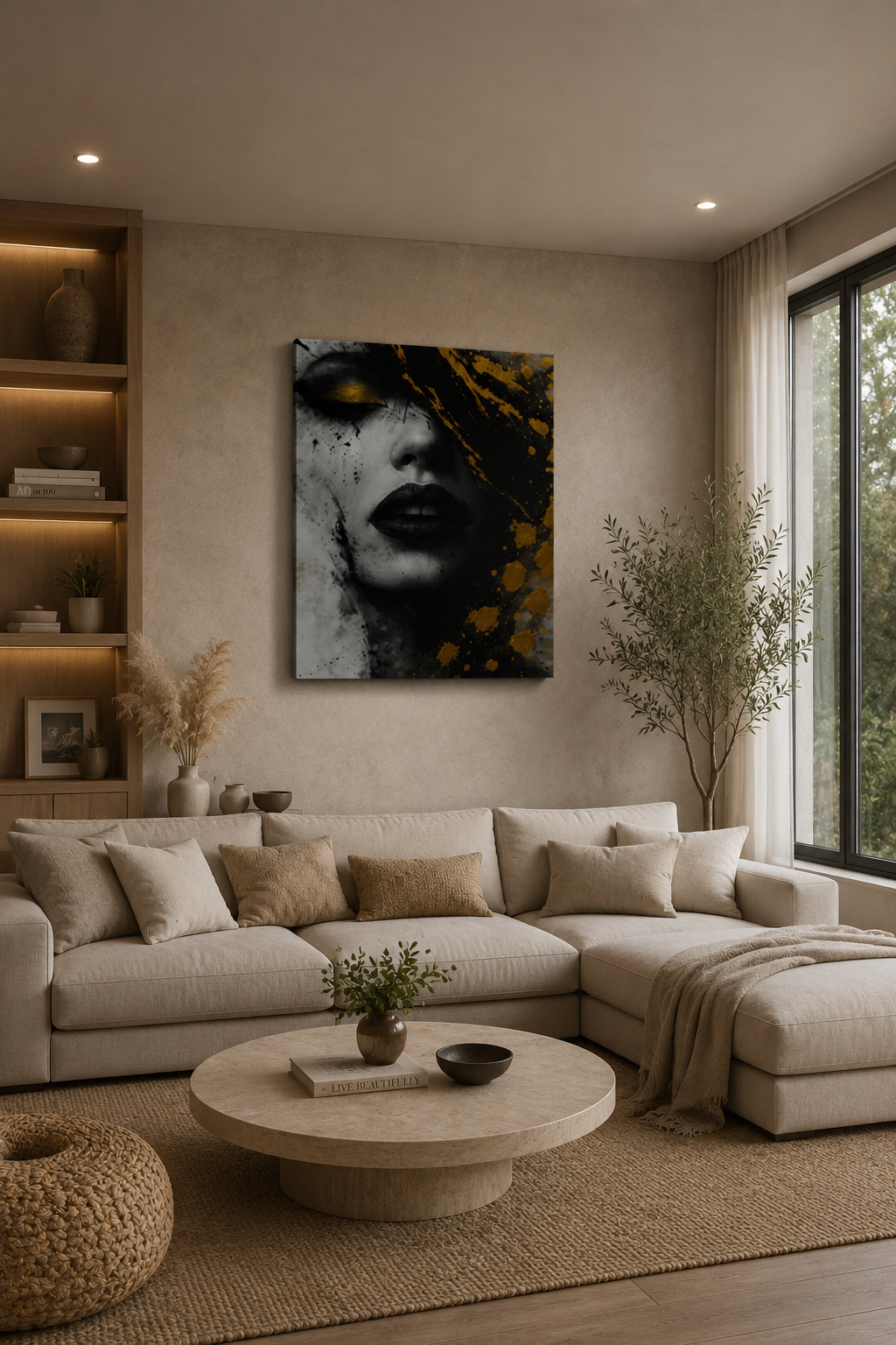 Black and gold abstract portrait canvas featured in a modern living room with a curved sectional sofa, neutral tones, and soft natural light.