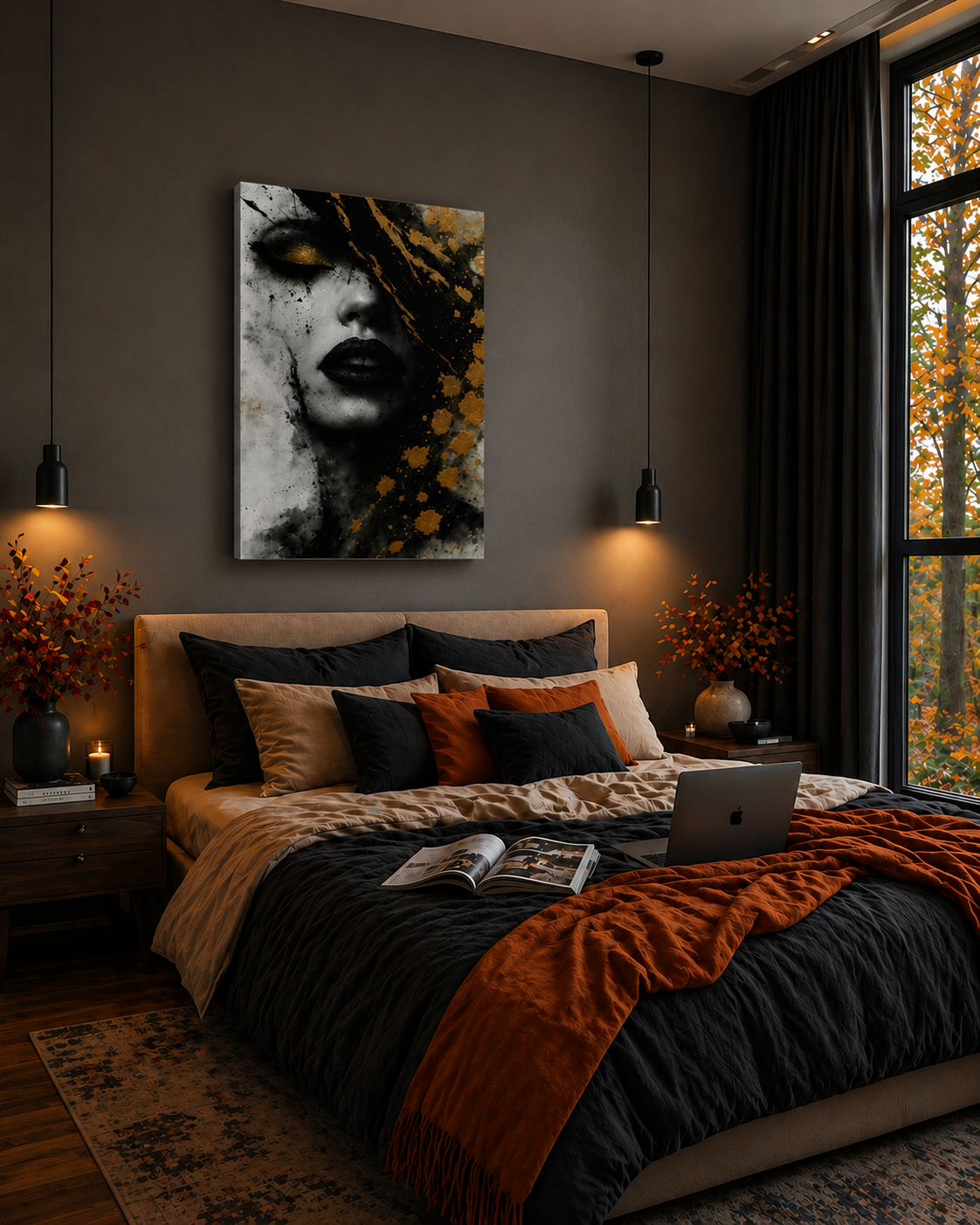 Black and gold portrait wall art hanging above a cozy bed in a moody modern bedroom with warm lighting and autumn-inspired accents.