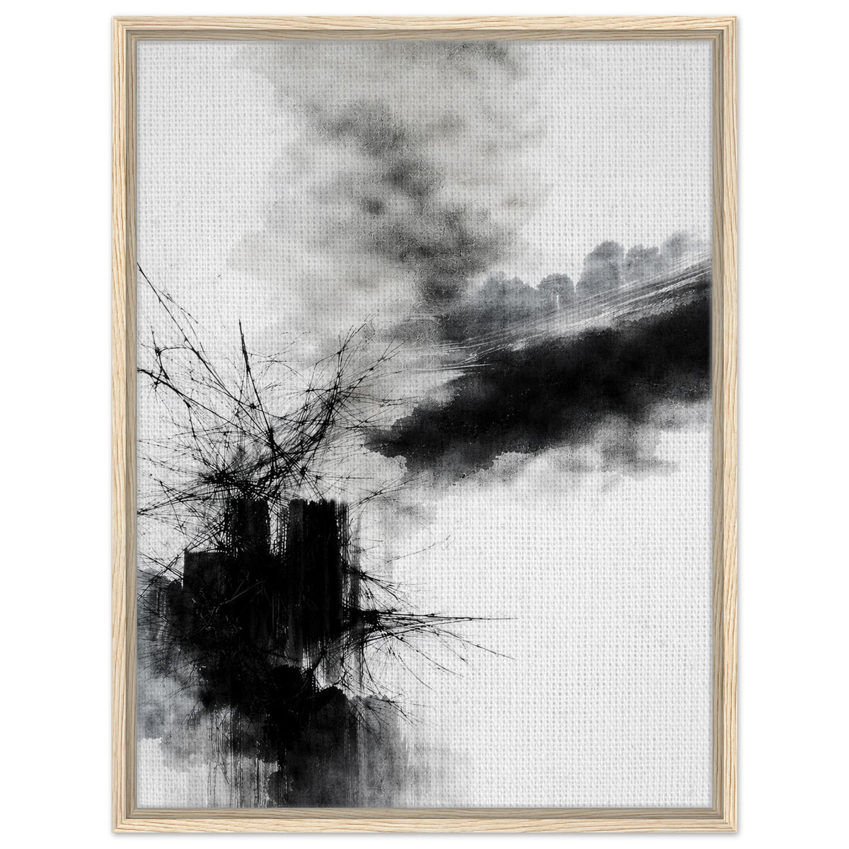 Black ink abstract artwork with smoky brush textures in a natural wood frame