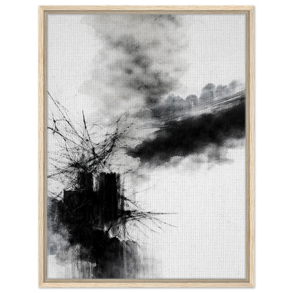 Black ink abstract artwork with smoky brush textures in a natural wood frame