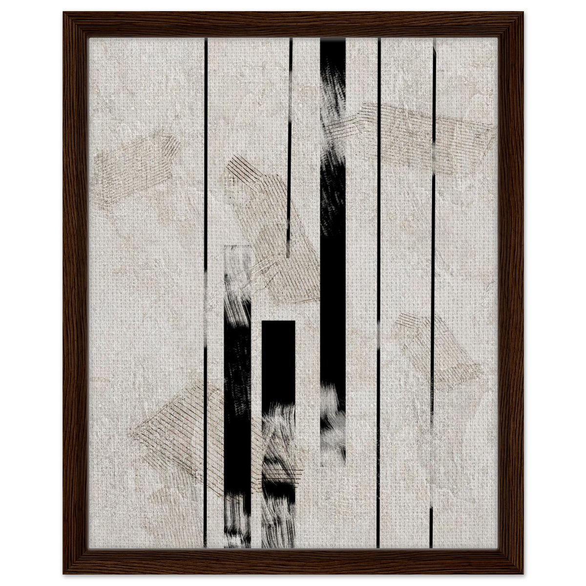Black and neutral abstract artwork with vertical geometric lines in a dark frame