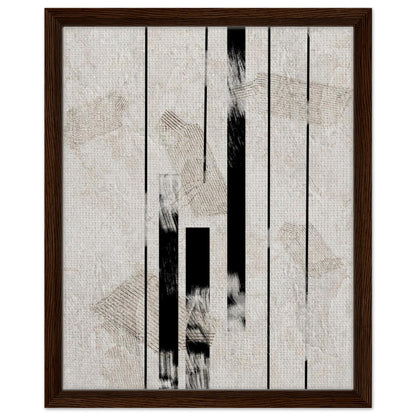 Black and neutral abstract artwork with vertical geometric lines in a dark frame