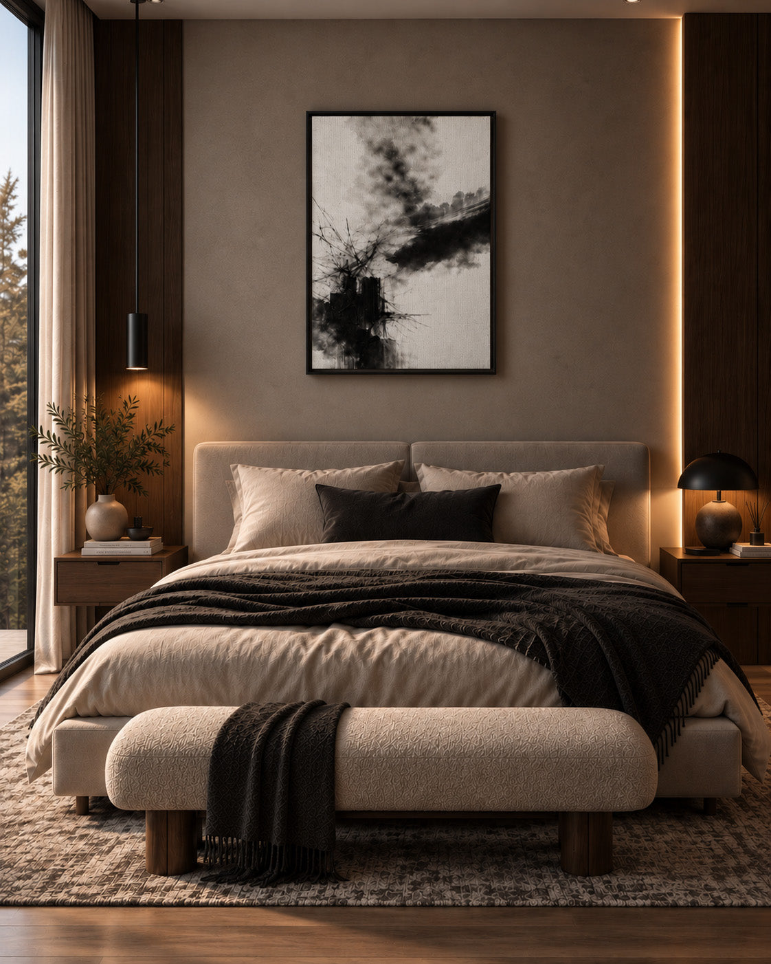 Black and white abstract artwork above a bed in a warm contemporary bedroom