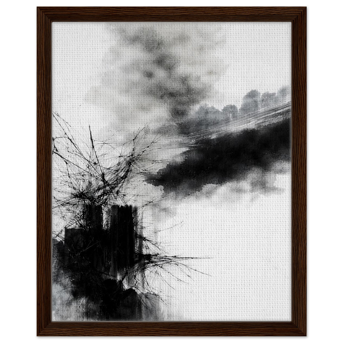 Black and white expressionist artwork with gestural marks in a natural wood frame