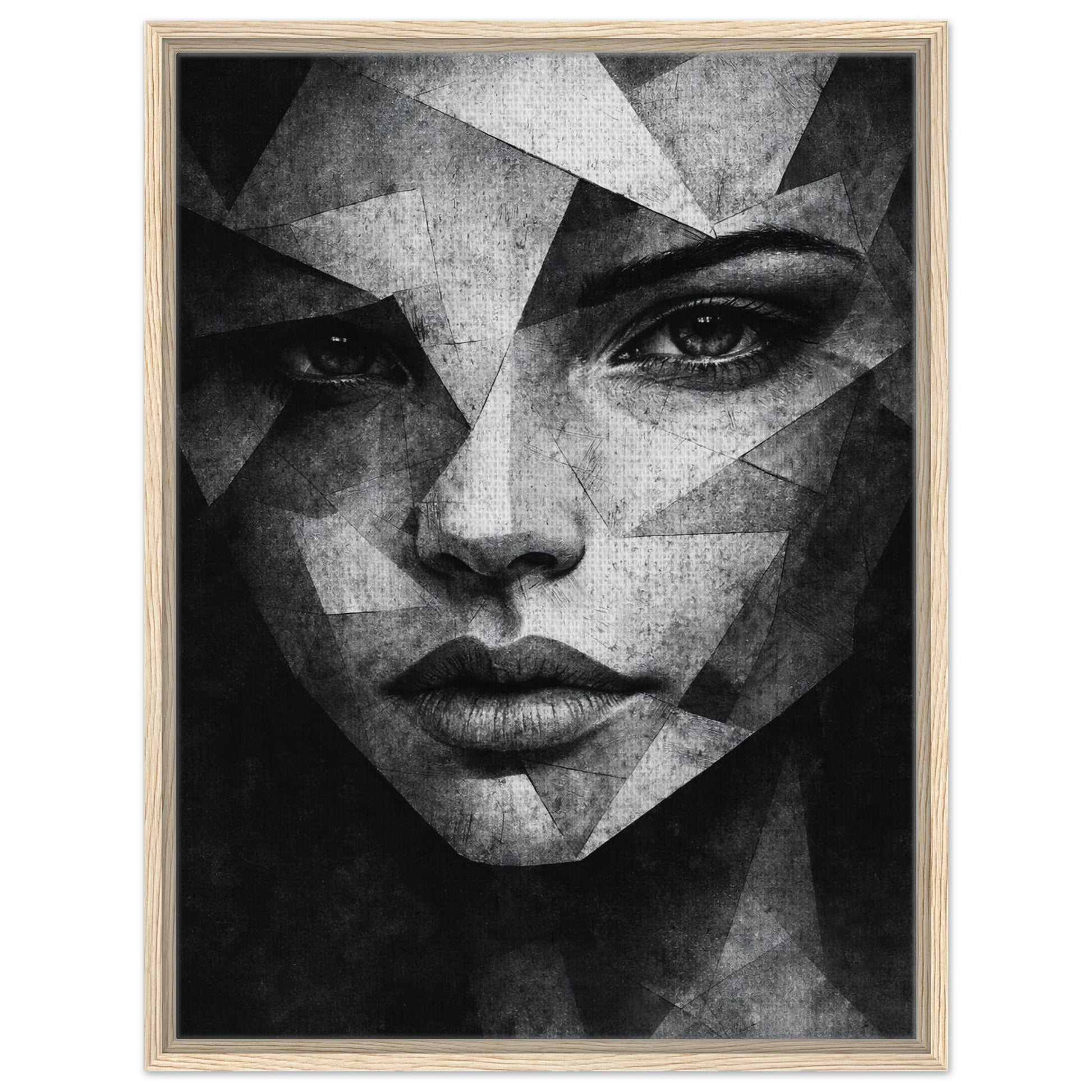Black and white female face artwork with angular forms in light wood frame