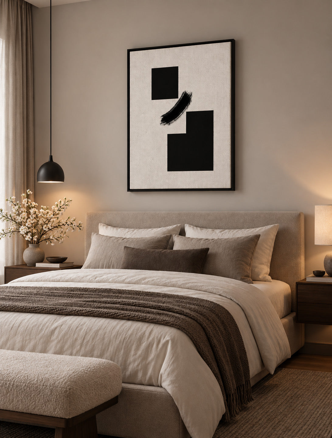 Black and white minimalist artwork above bed in a warm contemporary bedroom