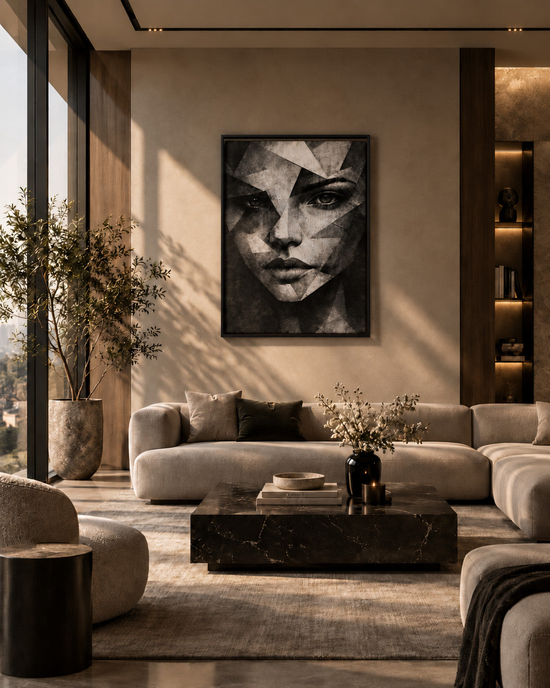 Black and white portrait wall art displayed in a sophisticated modern living room