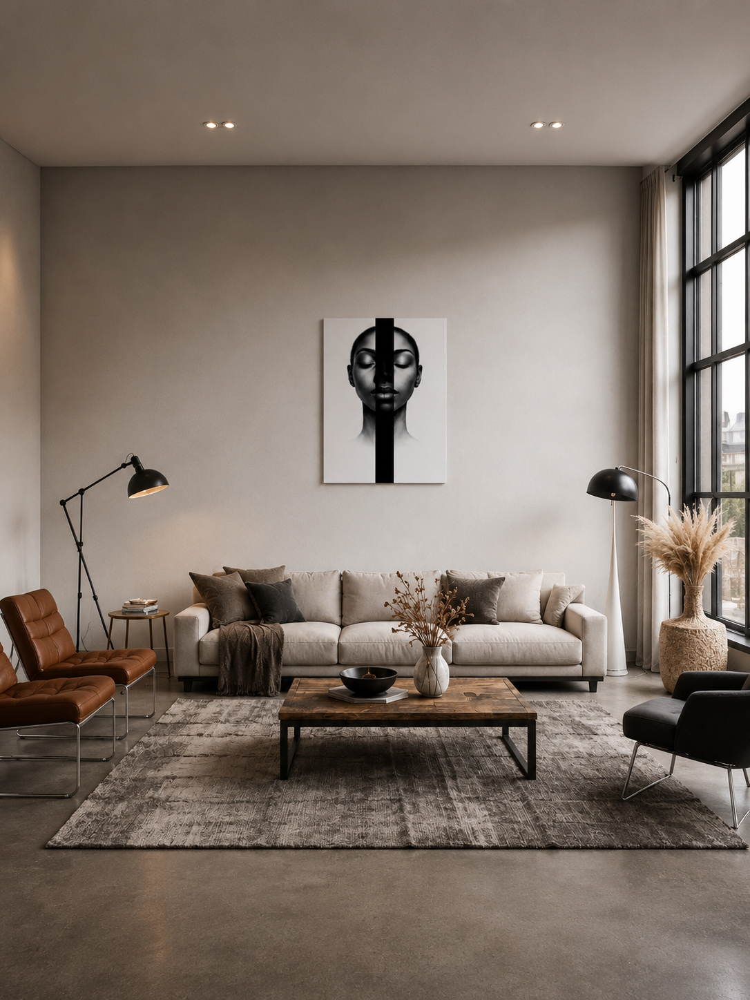 Black and white portrait canvas wall art in a modern living room with neutral decor, floor lamps, and large windows.