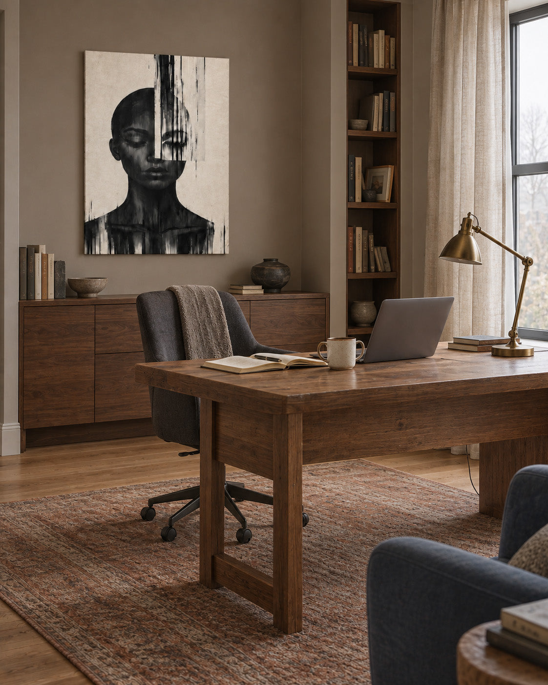 Black and white abstract woman portrait canvas above a wooden cabinet in a warm home office with a wooden desk, gray chair and brass desk lamp.
