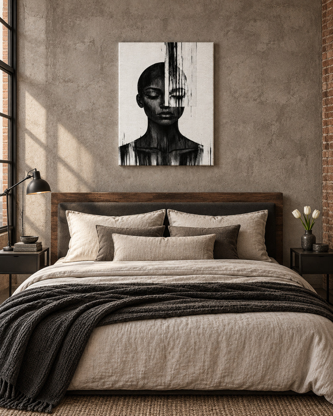 Black and white abstract woman portrait canvas above a bed with beige linens and a charcoal throw in an industrial bedroom with a concrete wall.