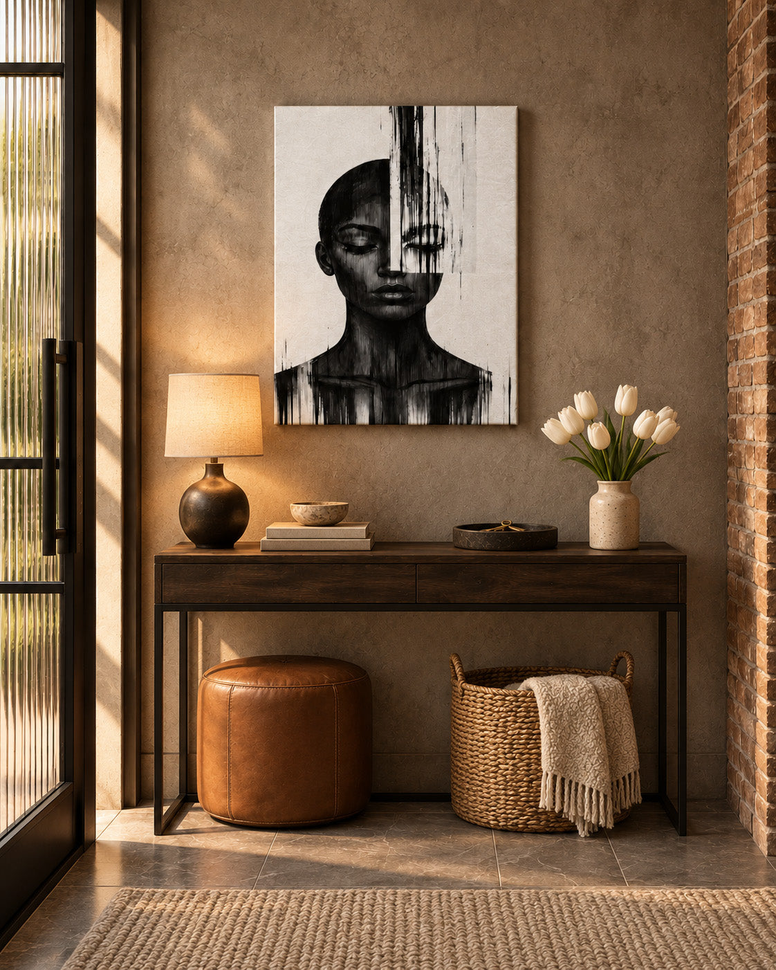 Black and white abstract woman portrait canvas above a dark wood console in a warm industrial entryway with white tulips and a brown leather pouf.