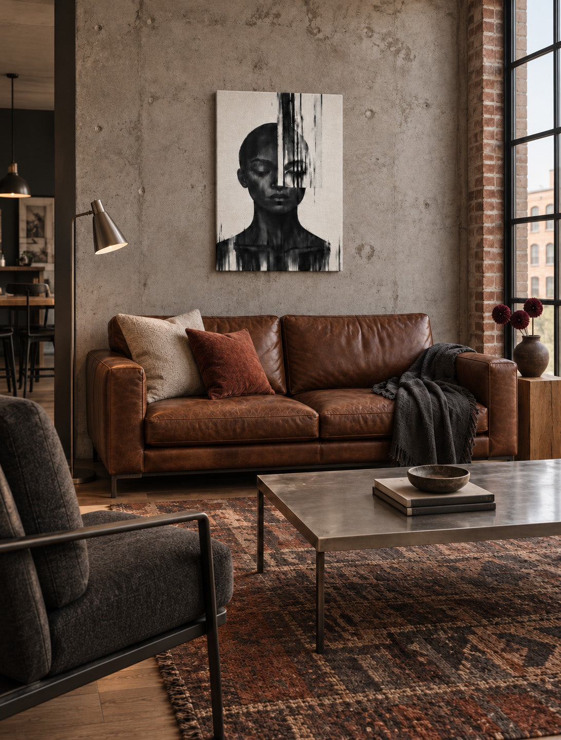 Black and white abstract woman portrait canvas above a brown leather sofa in an industrial living room with a concrete wall and metal coffee table.