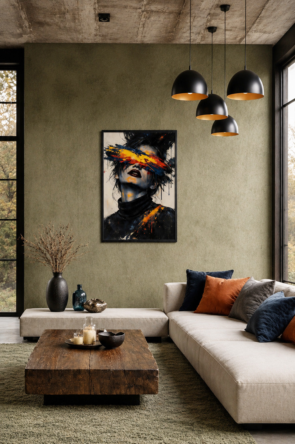 Modern industrial living room with textured olive wall, black pendant lights and abstract portrait wall art in a thin black frame above a wooden coffee table.