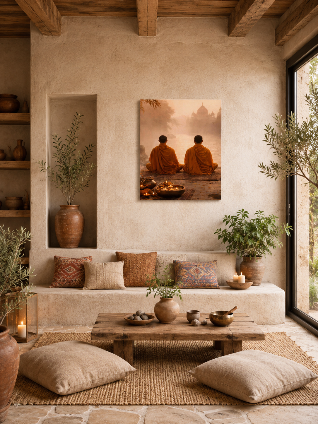 Boho meditation corner with neutral decor and monks canvas artwork above seating area