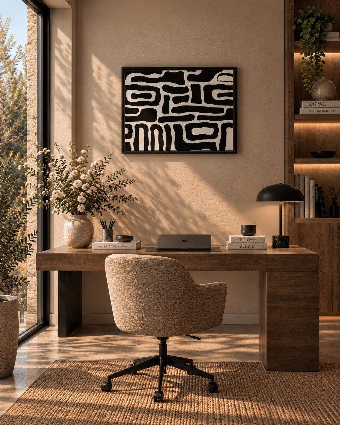 Bold abstract wall art styled in a sophisticated neutral home office