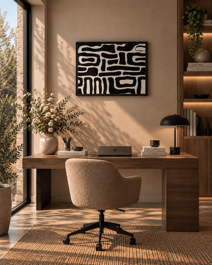Bold abstract wall art styled in a sophisticated neutral home office